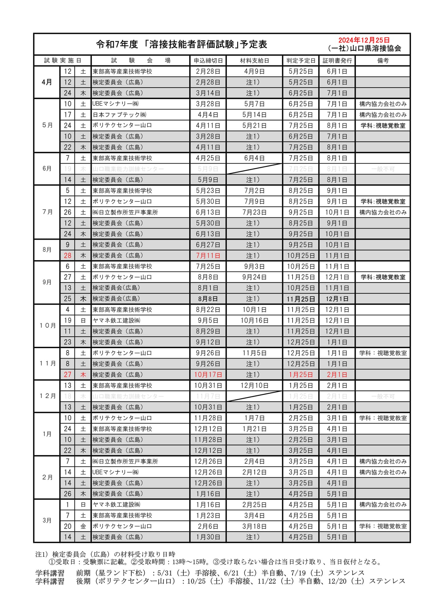 令和7年スケジュール